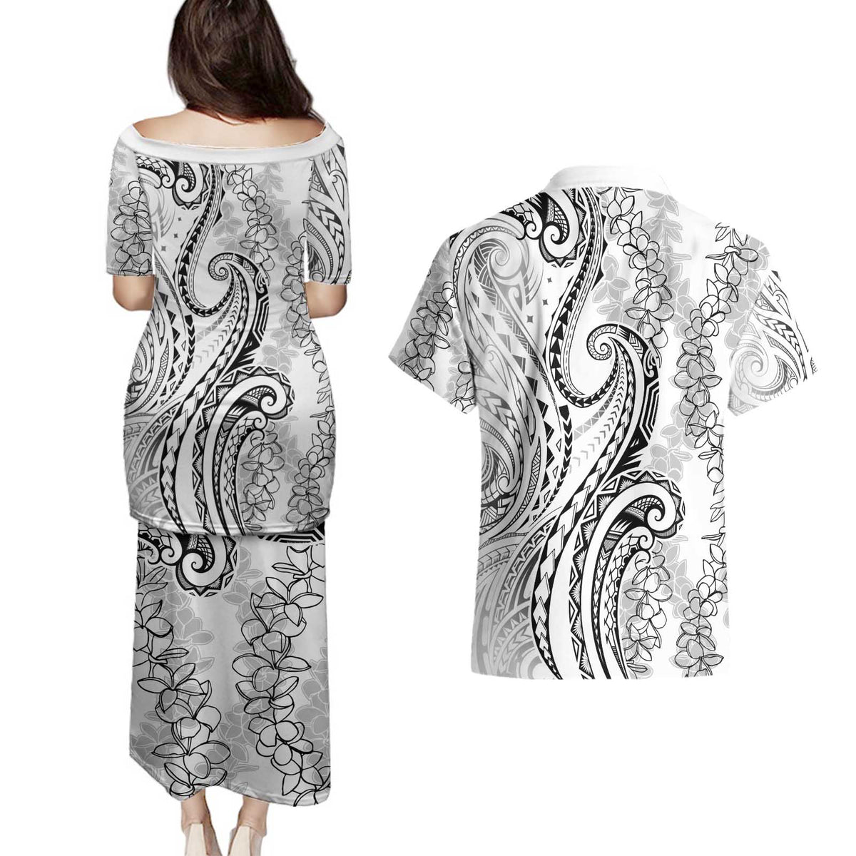 Polynesia Plumeria Lei Couples Matching Puletasi and Hawaiian Shirt White Curves Motif LT7 - Polynesian Pride
