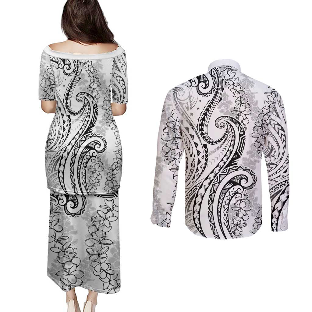Polynesia Plumeria Lei Couples Matching Puletasi and Long Sleeve Button Shirt White Curves Motif LT7 - Polynesian Pride