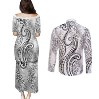 Polynesia Plumeria Lei Couples Matching Puletasi and Long Sleeve Button Shirt White Curves Motif LT7 - Polynesian Pride