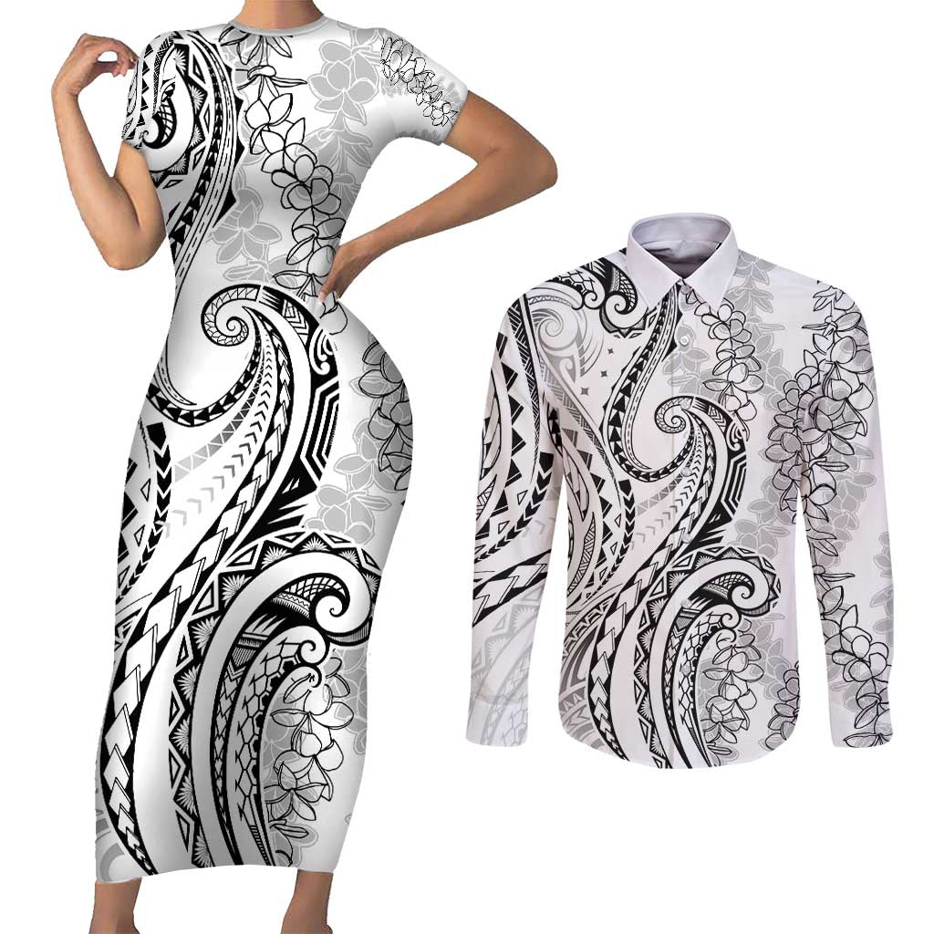 Polynesia Plumeria Lei Couples Matching Short Sleeve Bodycon Dress and Long Sleeve Button Shirt White Curves Motif