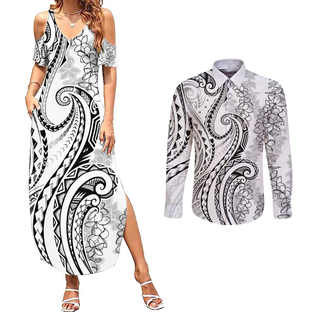 Polynesia Plumeria Lei Couples Matching Summer Maxi Dress and Long Sleeve Button Shirt White Curves Motif LT7 White - Polynesian Pride
