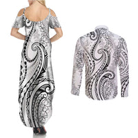 Polynesia Plumeria Lei Couples Matching Summer Maxi Dress and Long Sleeve Button Shirt White Curves Motif LT7 - Polynesian Pride