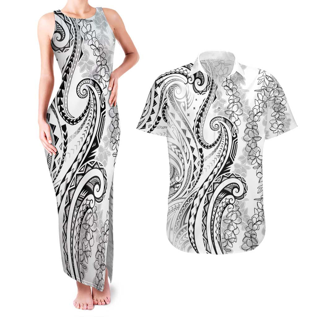 Polynesia Plumeria Lei Couples Matching Tank Maxi Dress and Hawaiian Shirt White Curves Motif LT7 White - Polynesian Pride