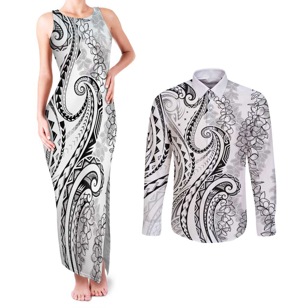 Polynesia Plumeria Lei Couples Matching Tank Maxi Dress and Long Sleeve Button Shirt White Curves Motif LT7 White - Polynesian Pride