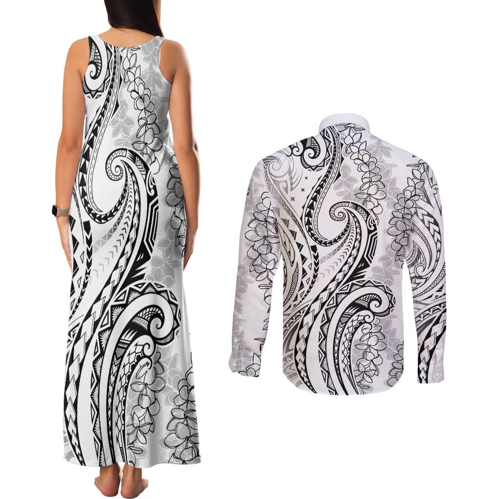Polynesia Plumeria Lei Couples Matching Tank Maxi Dress and Long Sleeve Button Shirt White Curves Motif LT7 - Polynesian Pride