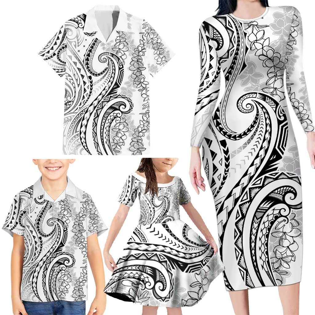 Polynesia Plumeria Lei Family Matching Long Sleeve Bodycon Dress and Hawaiian Shirt White Curves Motif LT7 - Polynesian Pride