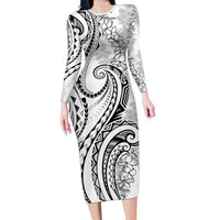 Polynesia Plumeria Lei Family Matching Long Sleeve Bodycon Dress and Hawaiian Shirt White Curves Motif
