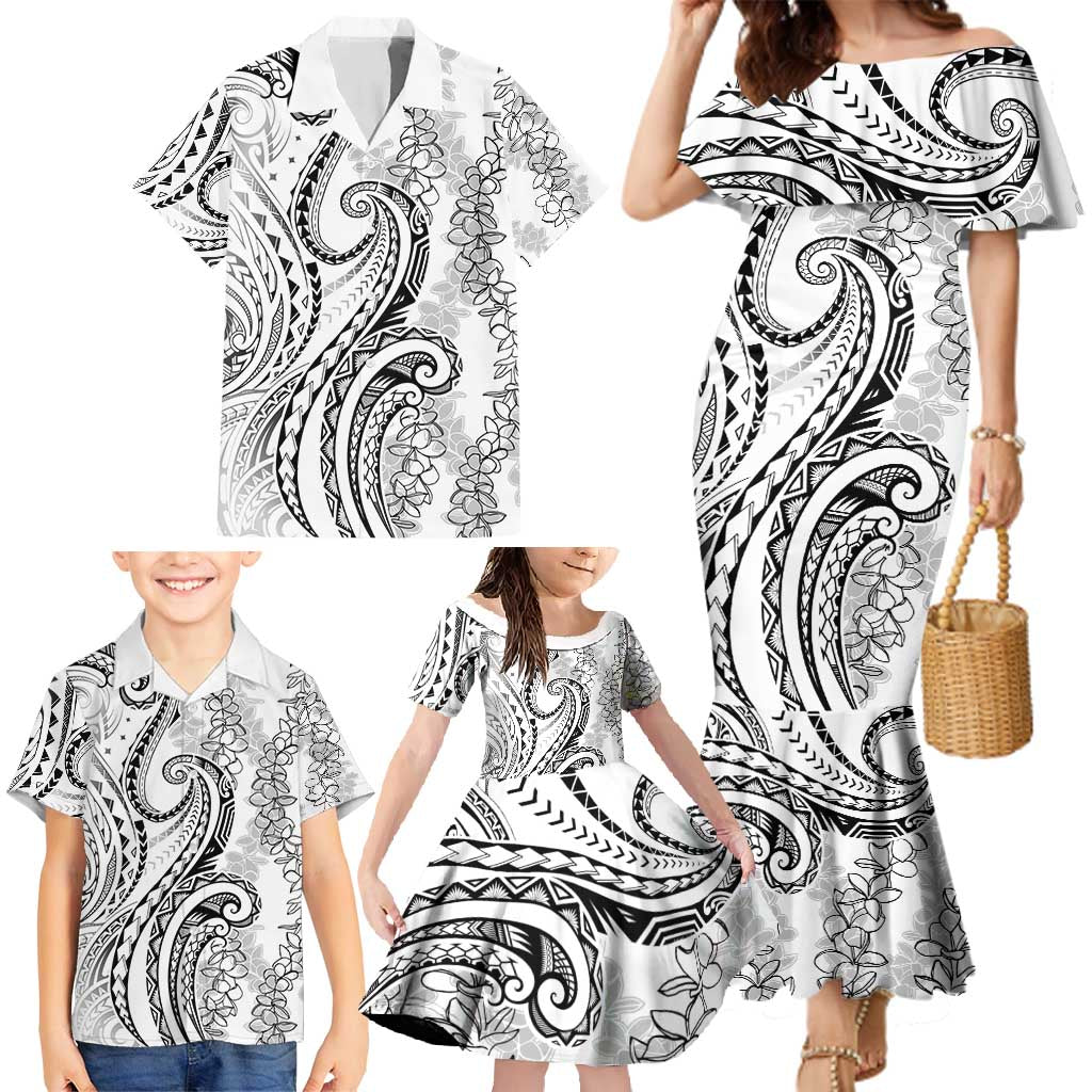 Polynesia Plumeria Lei Family Matching Mermaid Dress and Hawaiian Shirt White Curves Motif LT7 - Polynesian Pride