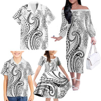 Polynesia Plumeria Lei Family Matching Off The Shoulder Long Sleeve Dress and Hawaiian Shirt White Curves Motif