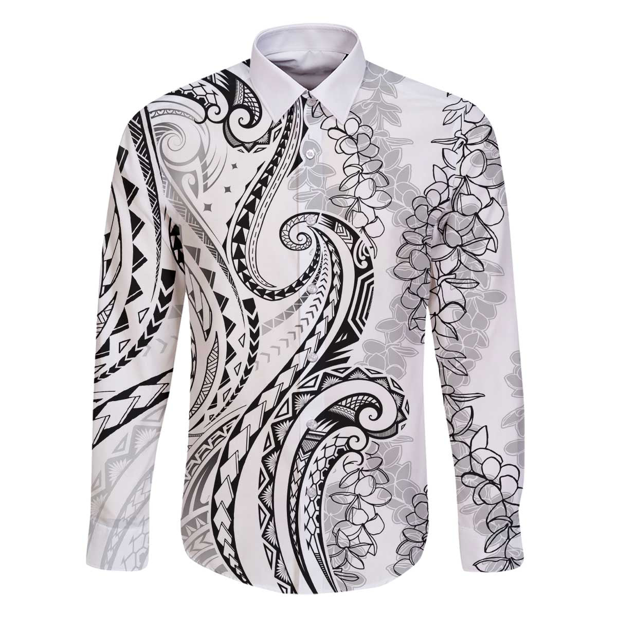 Polynesia Plumeria Lei Family Matching Off The Shoulder Long Sleeve Dress and Hawaiian Shirt White Curves Motif