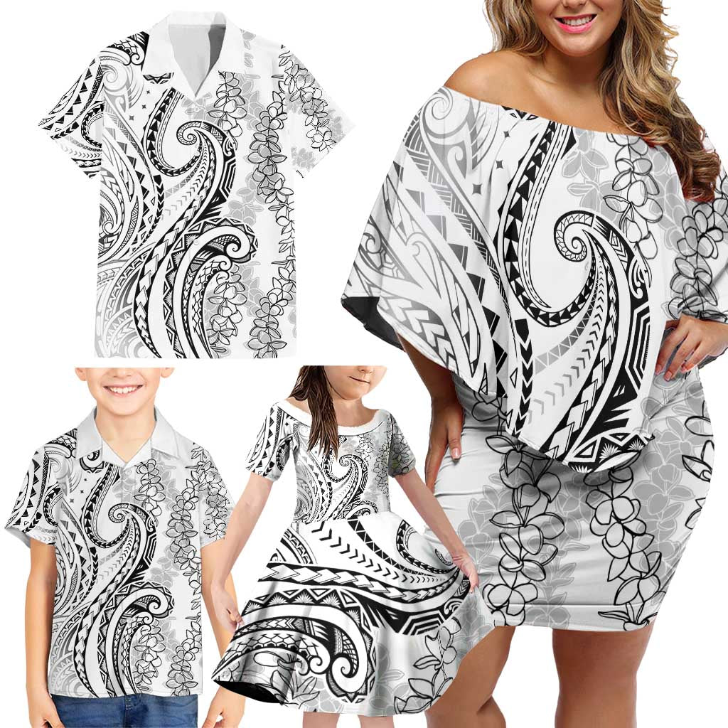 Polynesia Plumeria Lei Family Matching Off Shoulder Short Dress and Hawaiian Shirt White Curves Motif LT7 - Polynesian Pride