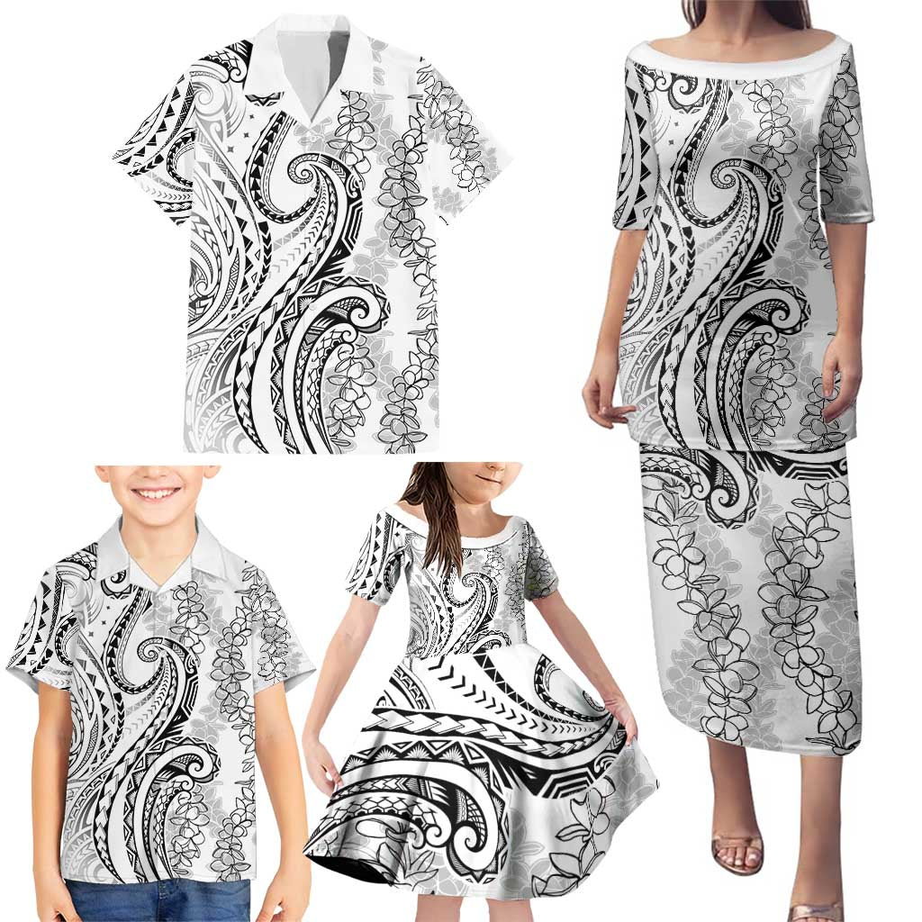 Polynesia Plumeria Lei Family Matching Puletasi and Hawaiian Shirt White Curves Motif LT7 - Polynesian Pride