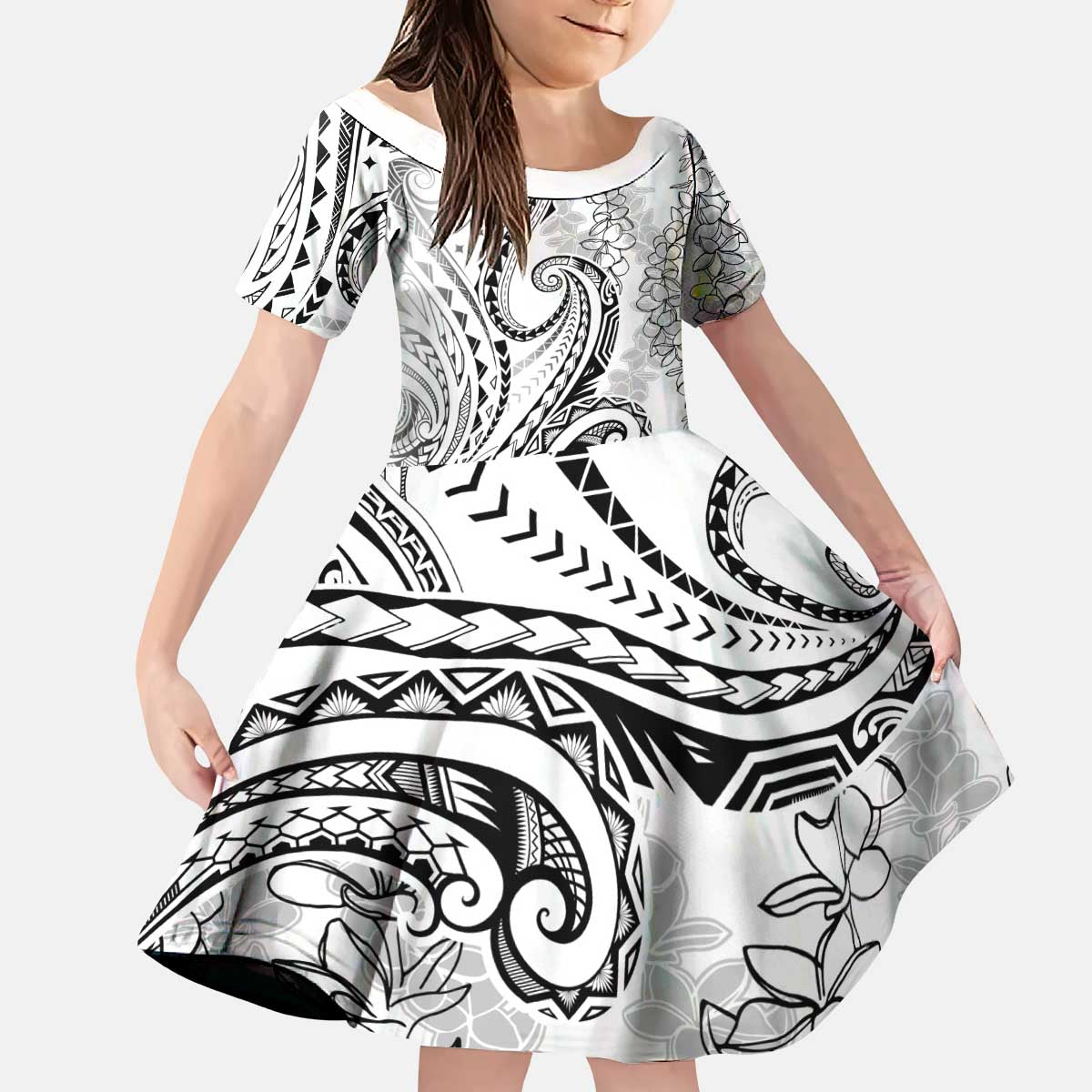 Polynesia Plumeria Lei Kid Short Sleeve Dress White Curves Motif LT7 KID White - Polynesian Pride