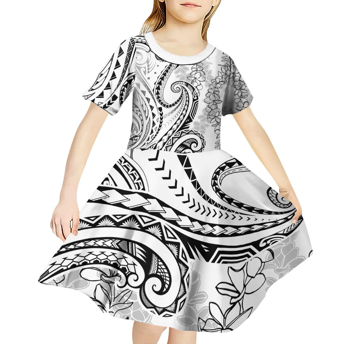 Polynesia Plumeria Lei Kid Short Sleeve Dress White Curves Motif LT7 - Polynesian Pride