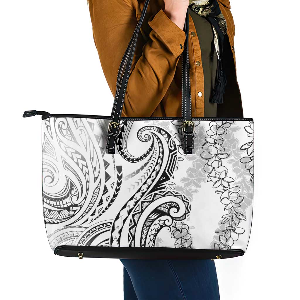 Polynesia Plumeria Lei Leather Tote Bag White Curves Motif