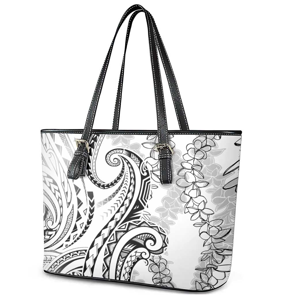 Polynesia Plumeria Lei Leather Tote Bag White Curves Motif