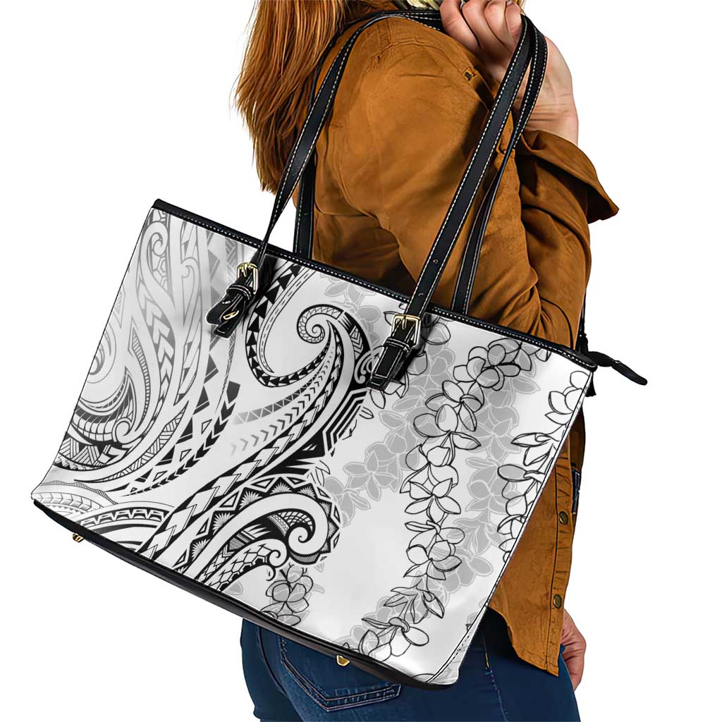 Polynesia Plumeria Lei Leather Tote Bag White Curves Motif