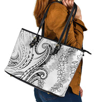 Polynesia Plumeria Lei Leather Tote Bag White Curves Motif