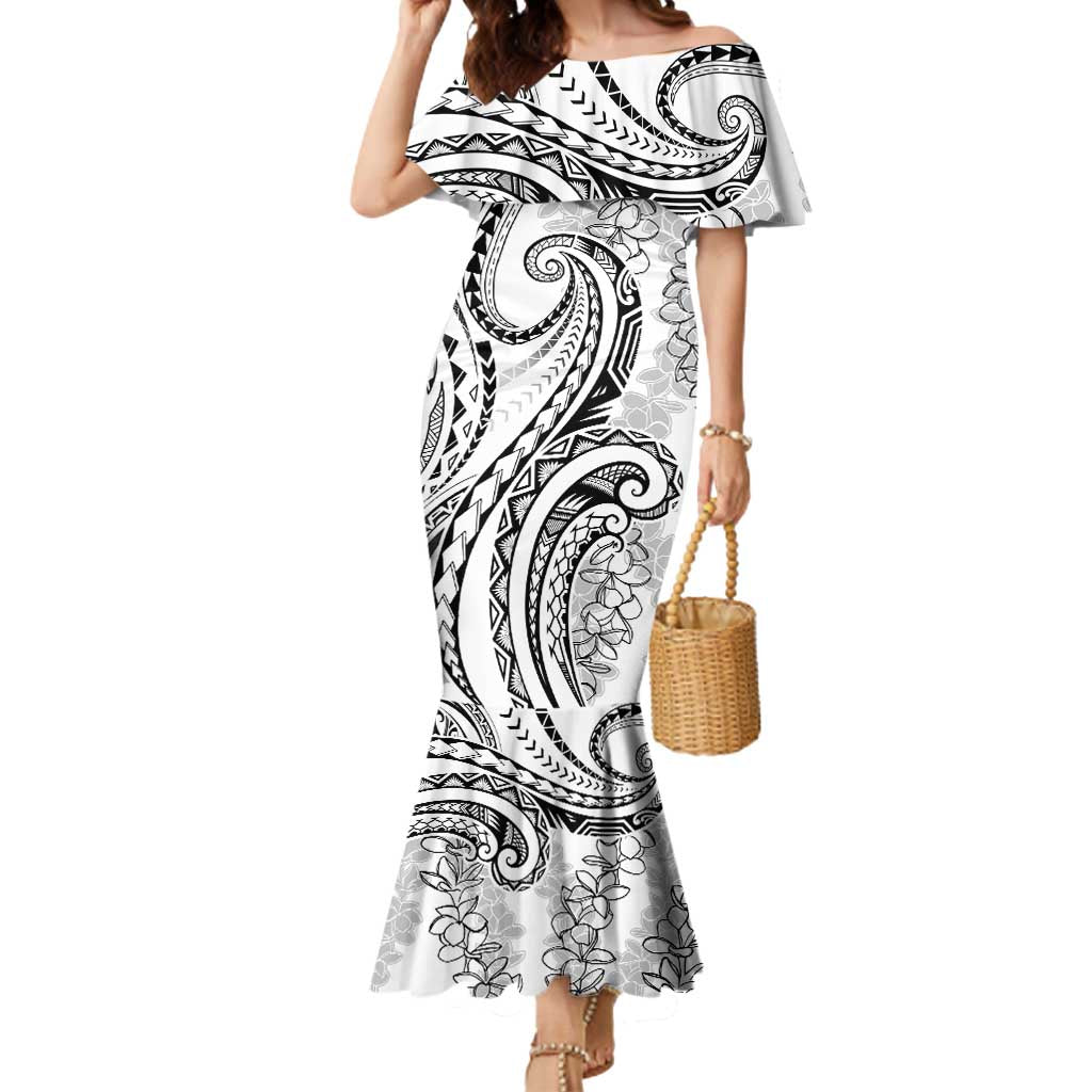 Polynesia Plumeria Lei Mermaid Dress White Curves Motif