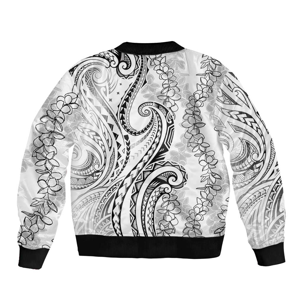 Polynesia Plumeria Lei Sleeve Zip Bomber Jacket White Curves Motif