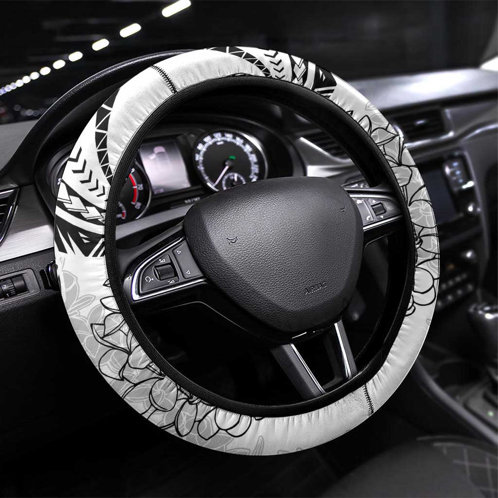 Polynesia Plumeria Lei Steering Wheel Cover White Curves Motif LT7 Universal Fit White - Polynesian Pride