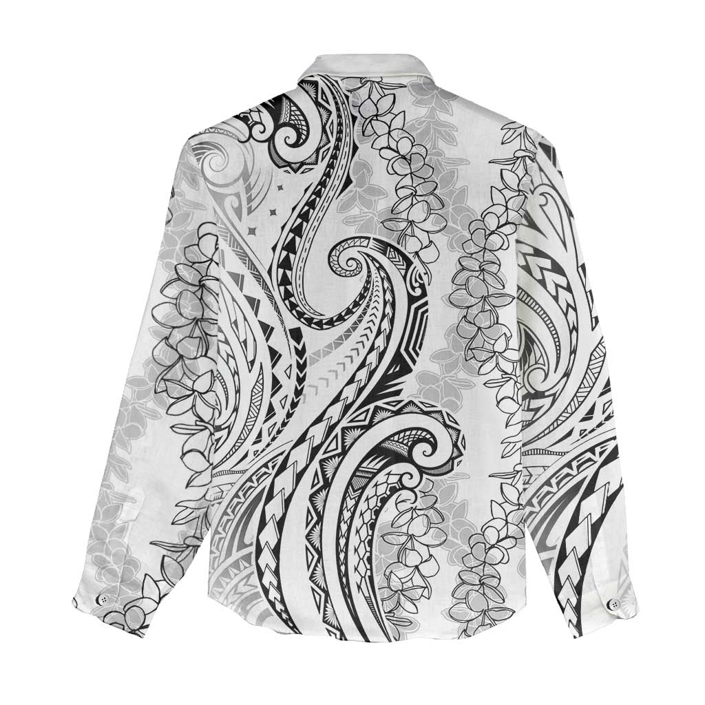 Polynesia Plumeria Lei Women Casual Shirt White Curves Motif