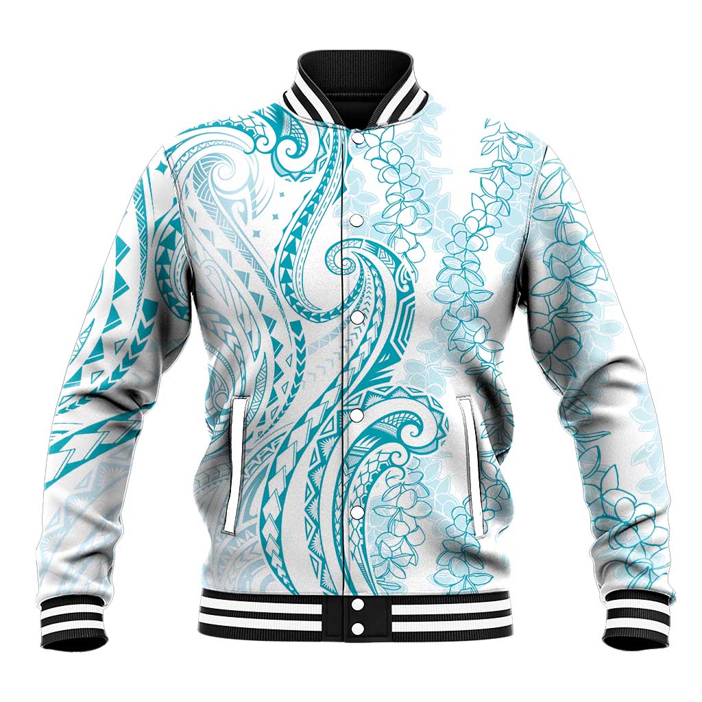 Polynesia Plumeria Lei Baseball Jacket White Turquoise Curves Motif LT7 Unisex Turquoise - Polynesian Pride