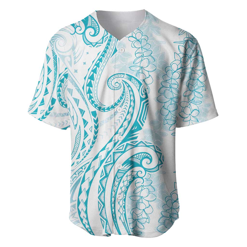 Polynesia Plumeria Lei Baseball Jersey White Turquoise Curves Motif