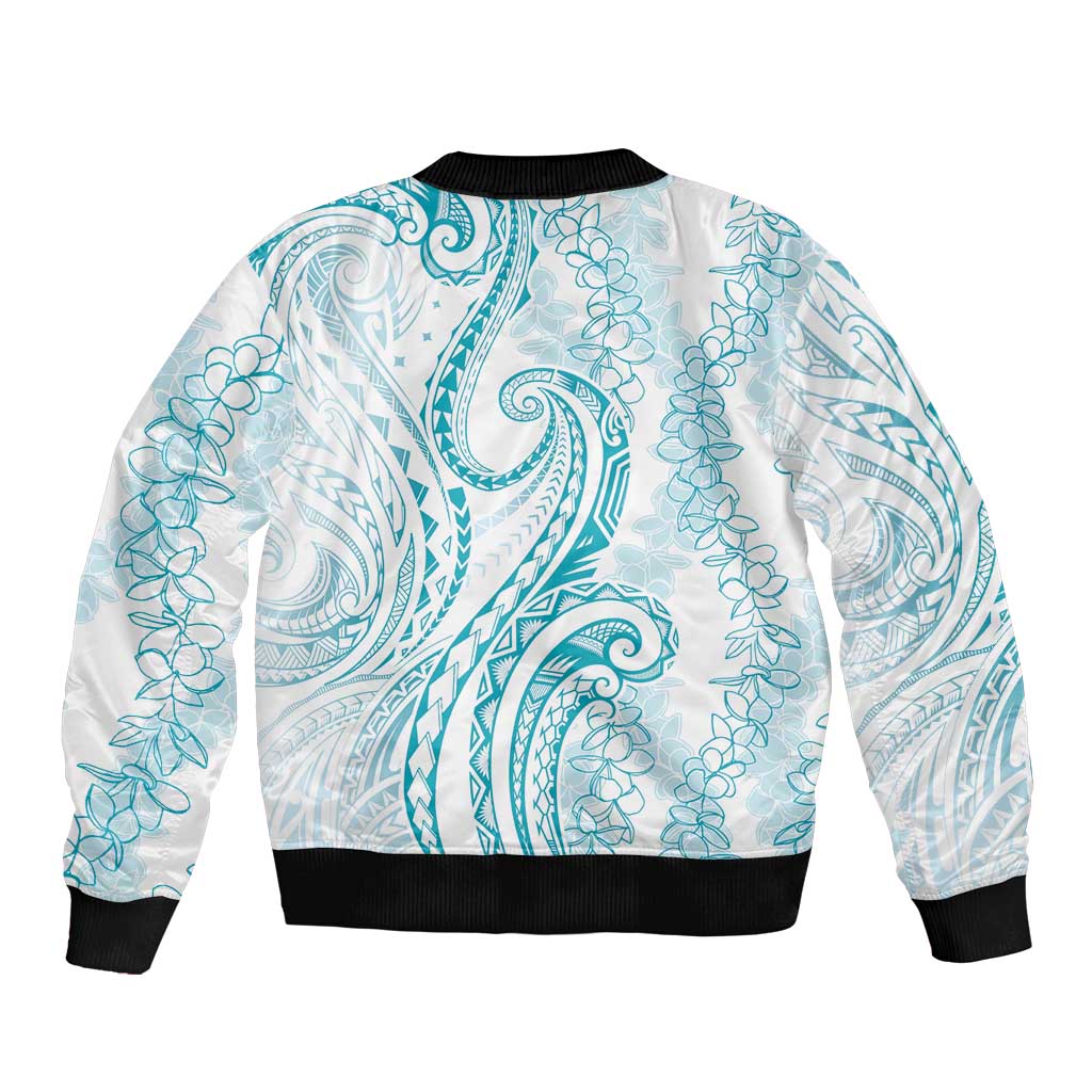 Polynesia Plumeria Lei Bomber Jacket White Turquoise Curves Motif