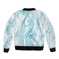 Polynesia Plumeria Lei Bomber Jacket White Turquoise Curves Motif