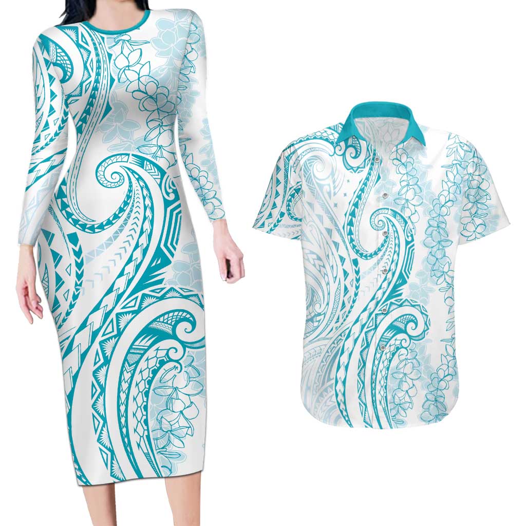 Polynesia Plumeria Lei Couples Matching Long Sleeve Bodycon Dress and Hawaiian Shirt White Turquoise Curves Motif LT7 Turquoise - Polynesian Pride
