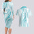 Polynesia Plumeria Lei Couples Matching Long Sleeve Bodycon Dress and Hawaiian Shirt White Turquoise Curves Motif