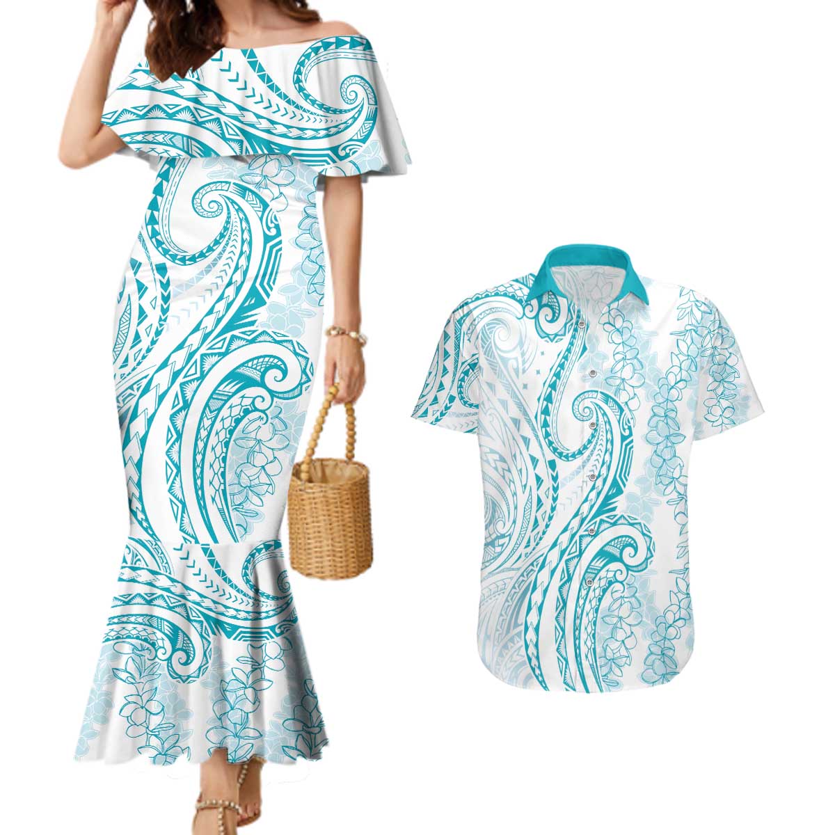 Polynesia Plumeria Lei Couples Matching Mermaid Dress and Hawaiian Shirt White Turquoise Curves Motif LT7 Turquoise - Polynesian Pride