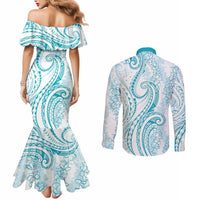 Polynesia Plumeria Lei Couples Matching Mermaid Dress and Long Sleeve Button Shirt White Turquoise Curves Motif