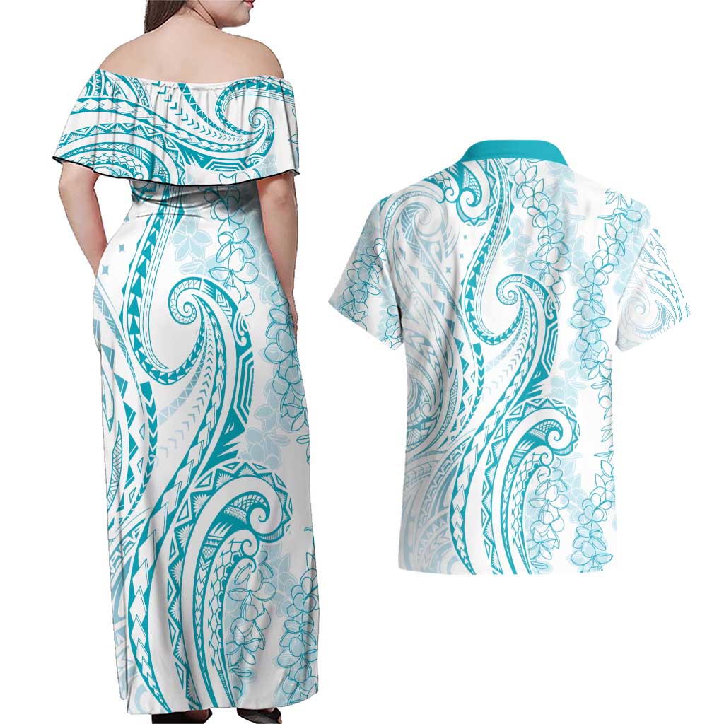 Polynesia Plumeria Lei Couples Matching Off Shoulder Maxi Dress and Hawaiian Shirt White Turquoise Curves Motif LT7 - Polynesian Pride