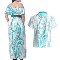 Polynesia Plumeria Lei Couples Matching Off Shoulder Maxi Dress and Hawaiian Shirt White Turquoise Curves Motif LT7 - Polynesian Pride