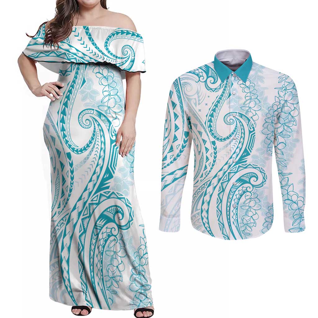Polynesia Plumeria Lei Couples Matching Off Shoulder Maxi Dress and Long Sleeve Button Shirt White Turquoise Curves Motif LT7 Turquoise - Polynesian Pride