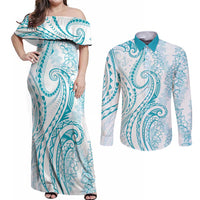 Polynesia Plumeria Lei Couples Matching Off Shoulder Maxi Dress and Long Sleeve Button Shirt White Turquoise Curves Motif LT7 Turquoise - Polynesian Pride