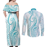 Polynesia Plumeria Lei Couples Matching Off Shoulder Maxi Dress and Long Sleeve Button Shirt White Turquoise Curves Motif LT7 - Polynesian Pride