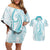 Polynesia Plumeria Lei Couples Matching Off Shoulder Short Dress and Hawaiian Shirt White Turquoise Curves Motif