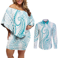Polynesia Plumeria Lei Couples Matching Off Shoulder Short Dress and Long Sleeve Button Shirt White Turquoise Curves Motif