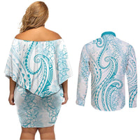 Polynesia Plumeria Lei Couples Matching Off Shoulder Short Dress and Long Sleeve Button Shirt White Turquoise Curves Motif