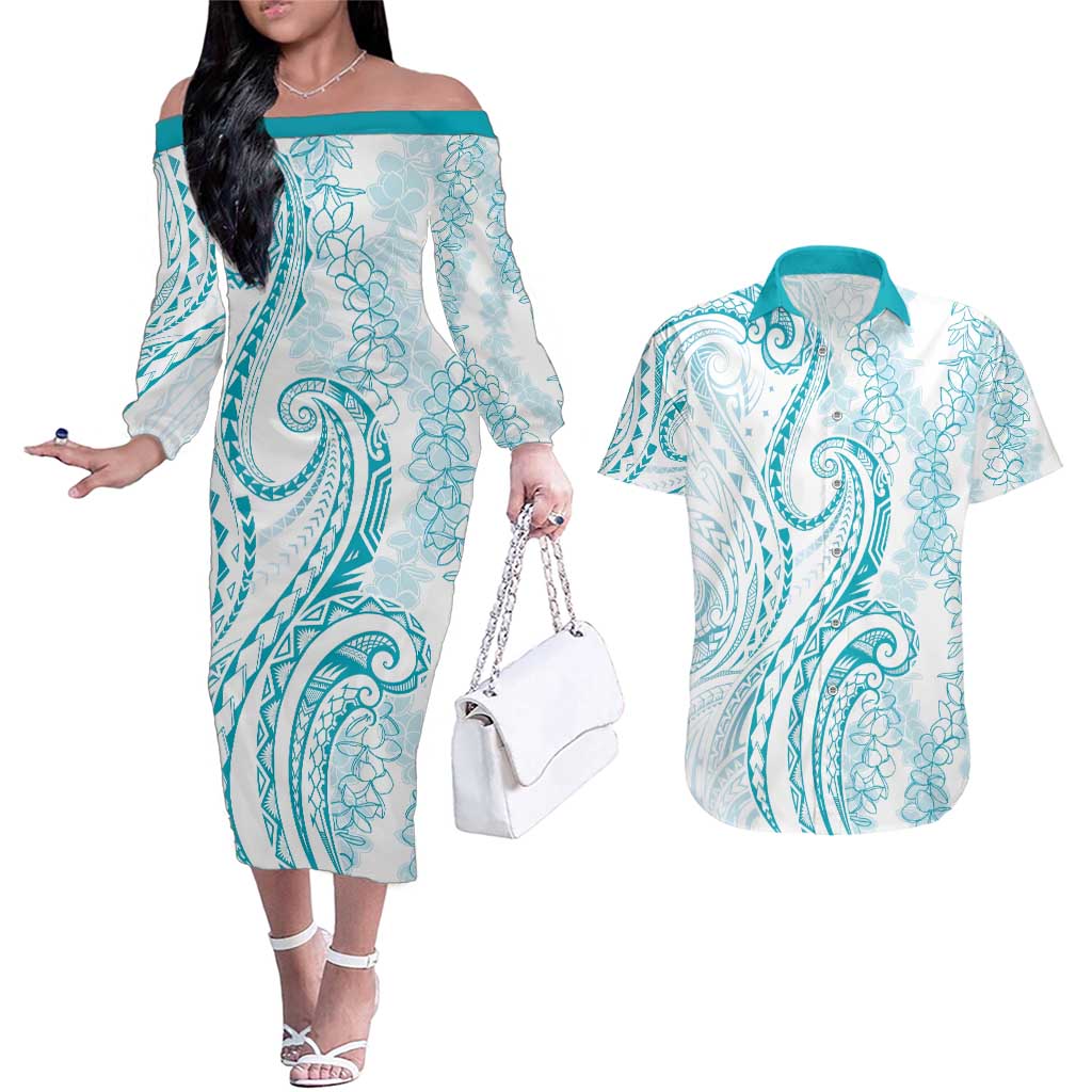 Polynesia Plumeria Lei Couples Matching Off The Shoulder Long Sleeve Dress and Hawaiian Shirt White Turquoise Curves Motif LT7 Turquoise - Polynesian Pride