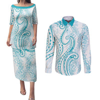 Polynesia Plumeria Lei Couples Matching Puletasi and Long Sleeve Button Shirt White Turquoise Curves Motif LT7 Turquoise - Polynesian Pride
