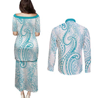 Polynesia Plumeria Lei Couples Matching Puletasi and Long Sleeve Button Shirt White Turquoise Curves Motif LT7 - Polynesian Pride