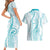 Polynesia Plumeria Lei Couples Matching Short Sleeve Bodycon Dress and Hawaiian Shirt White Turquoise Curves Motif