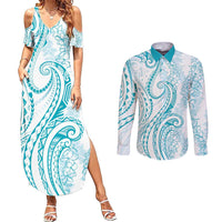 Polynesia Plumeria Lei Couples Matching Summer Maxi Dress and Long Sleeve Button Shirt White Turquoise Curves Motif LT7 Turquoise - Polynesian Pride