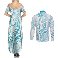 Polynesia Plumeria Lei Couples Matching Summer Maxi Dress and Long Sleeve Button Shirt White Turquoise Curves Motif LT7 - Polynesian Pride