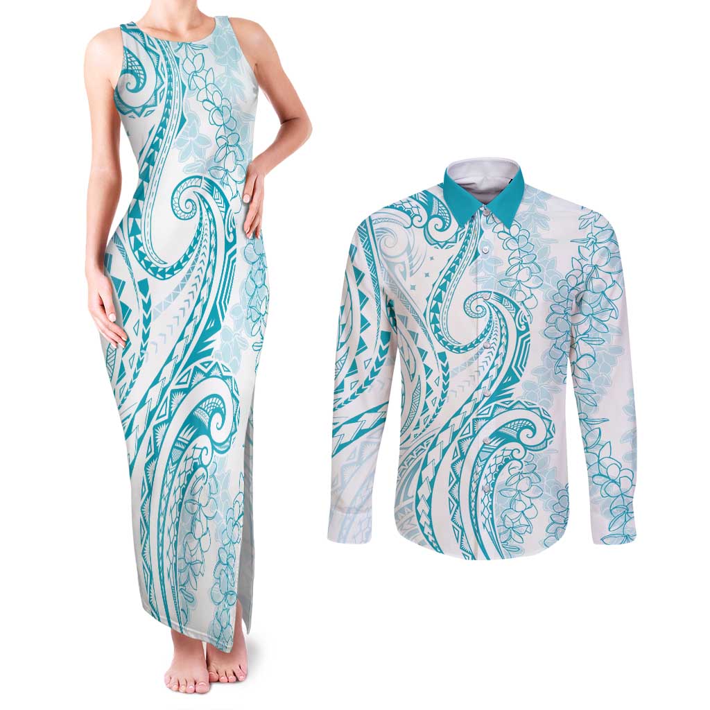 Polynesia Plumeria Lei Couples Matching Tank Maxi Dress and Long Sleeve Button Shirt White Turquoise Curves Motif LT7 Turquoise - Polynesian Pride
