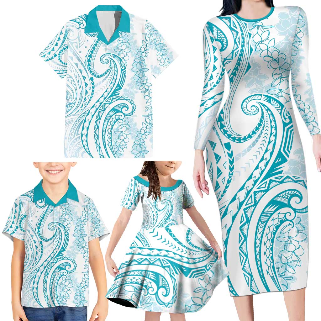 Polynesia Plumeria Lei Family Matching Long Sleeve Bodycon Dress and Hawaiian Shirt White Turquoise Curves Motif LT7 - Polynesian Pride